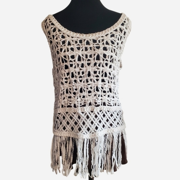 Endless Rose Tops - Endless Rose Open Knit Crochet Style Fringe Top Textured Size M/L Festival Boho
